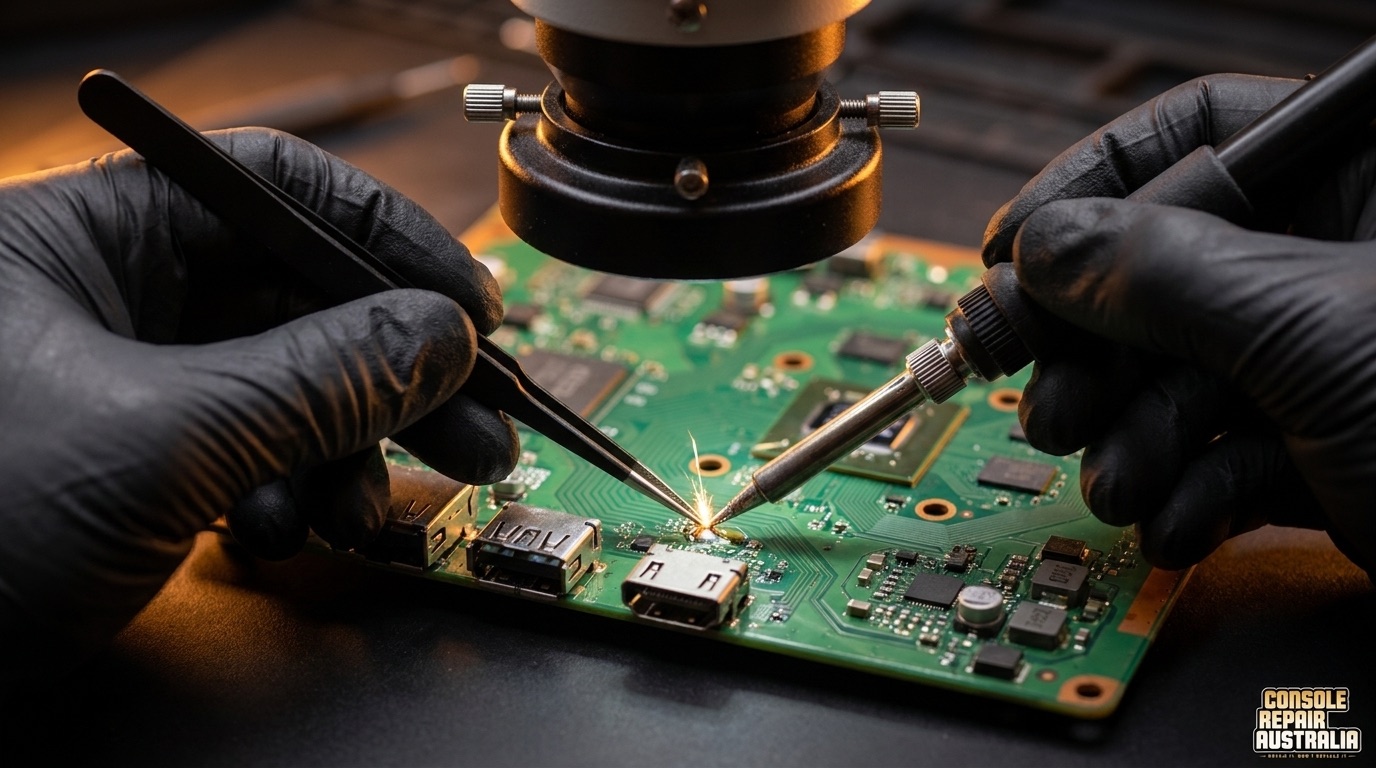 Board-level HDMI port repair under the microscope
