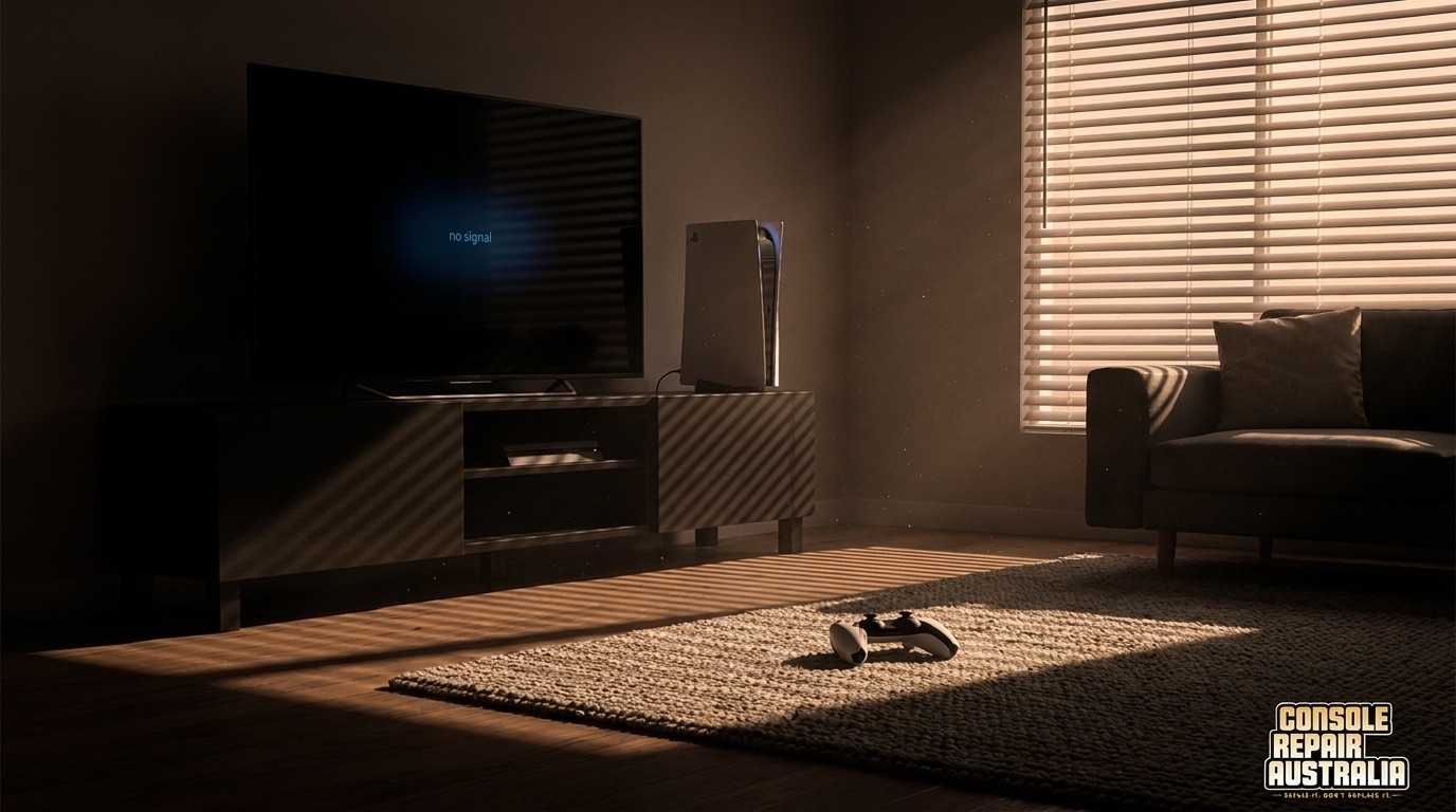 PS5 beside a TV showing no signal in a dark living room