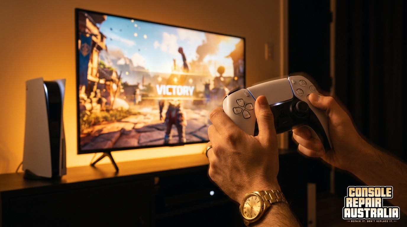 Repaired console back on, controller in hand, game on screen