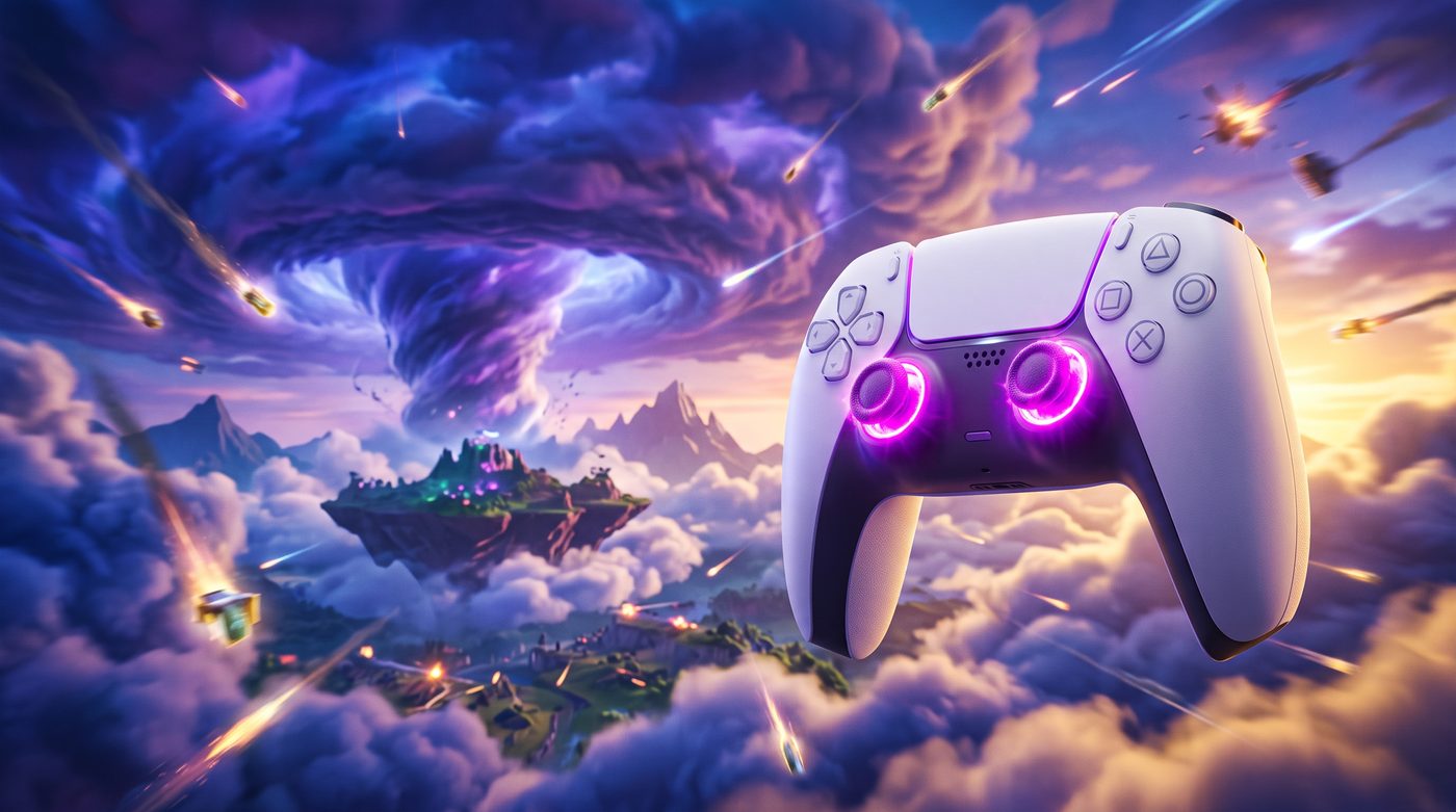 Game controller with glowing thumbsticks over a battle-royale storm sky — end stick drift for good